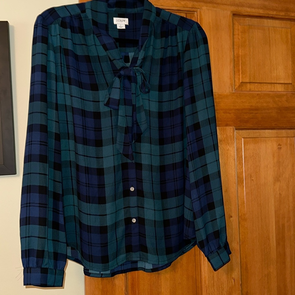 J. Crew Black Watch Plaid Bow Neck Button Down Blouse Top Size Large L